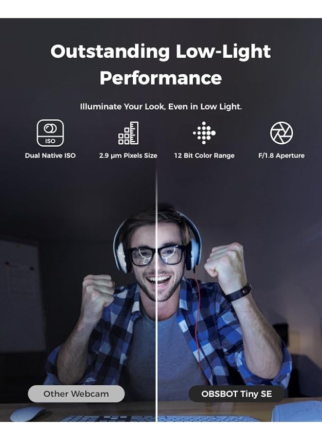 OBSBOT كاميرا ويب OBSBOT Tiny SE 1080P 100FPS للكمبيوتر الشخصي، كاميرا بث PTZ بتتبع الذكاء الاصطناعي مع مستشعر 1/2.8"، تحكم بالإيماءات، ISO مزدوج، HDR متدرج، كاميرا ويب للكمبيوتر المكتبي، اللابتوب، الاجتماعات، مكالمات الفيديو - Image 5